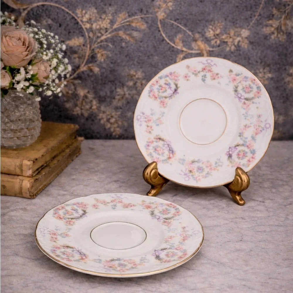 Antique Haviland Style Limoges Floral Saucers Gold Trim Set 2